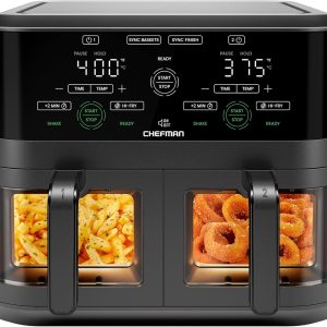 CHEFMAN 6 Quart Dual Basket Air Fryer Oven with Easy View Windows, Sync Finish, Hi-Fry, Auto Shutoff, 2 Independent 3Qt Nonstick Dishwasher Safe Frying Baskets, Digital Double Air Fryer - Black